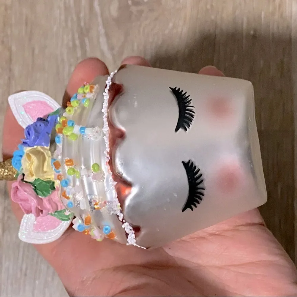 White Unicorn Face CupCake sprinkle Christmas holiday Ornament Blown Glass 4.5”